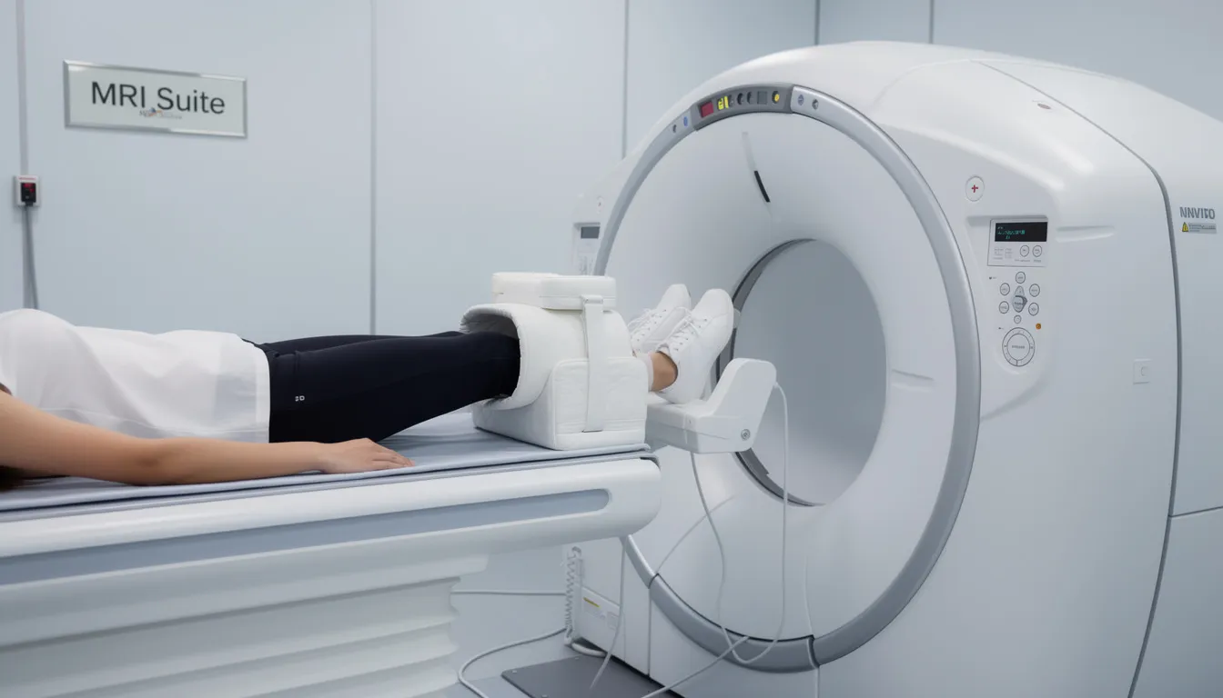 En person ligger stilla i en MR-kamera med en knäspole monterad för att genomgå en magnetröntgen av knät. Undersökningen syftar till att upptäcka eventuella skador, som meniskskador eller korsbandsskador, och ge läkaren viktig information om knäledens tillstånd.