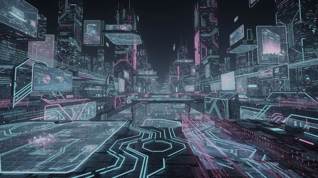 The image depicts a futuristic digital landscape filled with interconnected devices, glowing data streams, and abstract technology shapes, symbolizing the evolution of search experiences in the age of artificial intelligence. This scene reflects concepts like intelligent search boxes and AI-powered search agents, illustrating how Google is transforming the way users interact with information online.