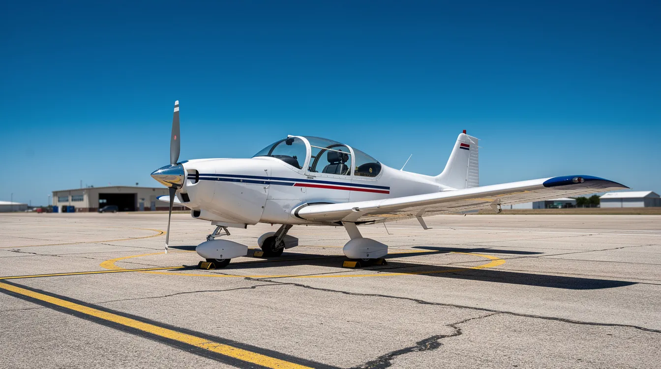 A small single-engine training aircraft is parked on a sunny airport tarmac under a clear blue sky, symbolizing the beginning of a flight instructor's journey in flight instruction and the valuable flight hours that students will accumulate. The scene reflects the professionalism and confidence required for successful careers in aviation.