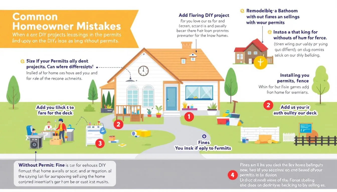 An illustration showcasing common mistakes homeowners make regarding permits, including DIY projects without permits.