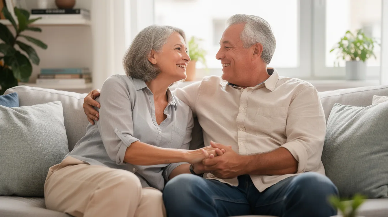 The image depicts a mature couple enjoying a moment together, symbolizing a healthy relationship built on mutual respect and emotional intelligence. They appear comfortable and happy, embodying the qualities of companionship and personal growth as they share laughter and engage in meaningful conversation.