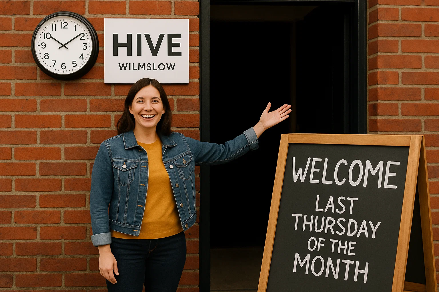 Attendee arriving at Hive in Wilmslow for a local networking event, greeted with a welcoming sign and relaxed setting.


