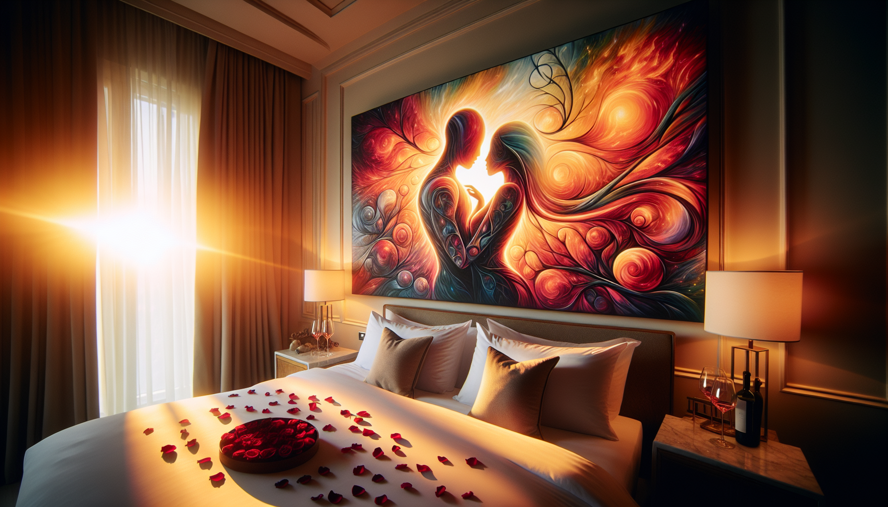 Colorful romantic artwork evoking love and passion in a bedroom