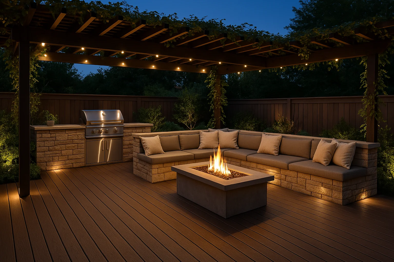 Outdoor living area with a composite deck, built-in barbecue kitchen, fire pit, and integrated stone seating under a pergola with climbing plants.