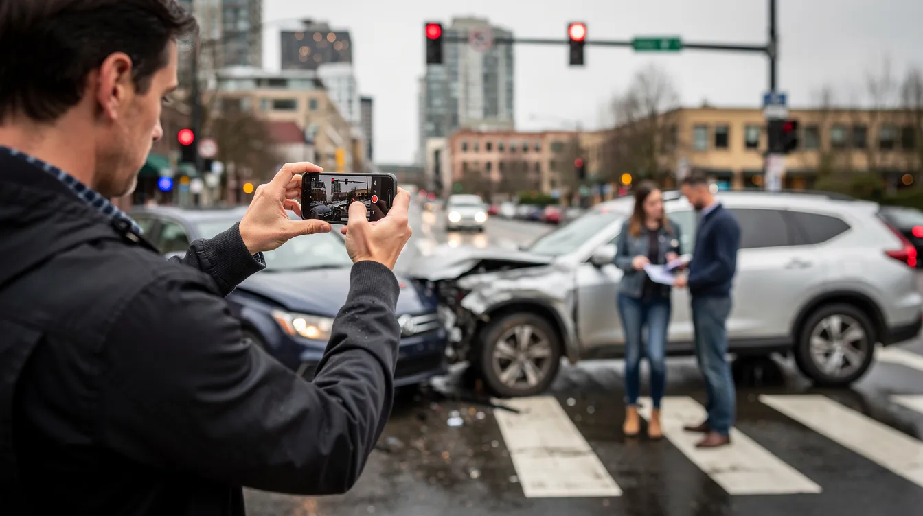 A driver is seen documenting a car accident scene in Seattle using a smartphone, capturing images of the damage on two vehicles involved in a collision. Nearby, the drivers are exchanging information while the urban intersection, including traffic lights and a crosswalk, is visible, emphasizing the importance of gathering evidence for a potential car accident claim.