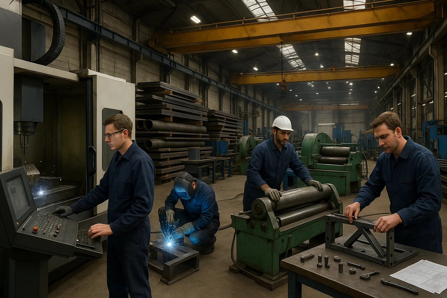 Wide workshop view showing machining, welding, forming, and assembly processes taking place inside one fabrication facility.