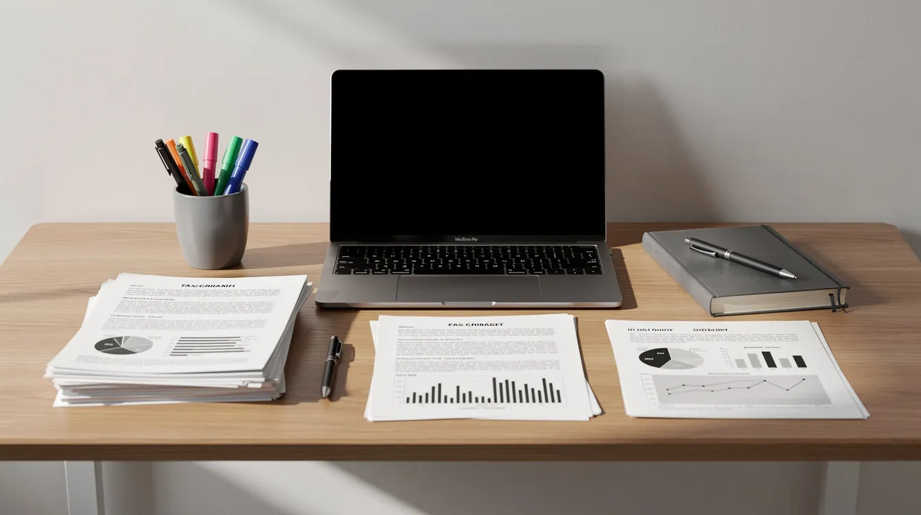 The image depicts a tidy desk setup featuring printed documents, a laptop, pens, and a notebook, all arranged neatly to facilitate focused writing and organization, ideal for drafting an academic position paper. This workspace suggests a clear position and readiness to present relevant evidence and proposed solutions for a compelling argument.