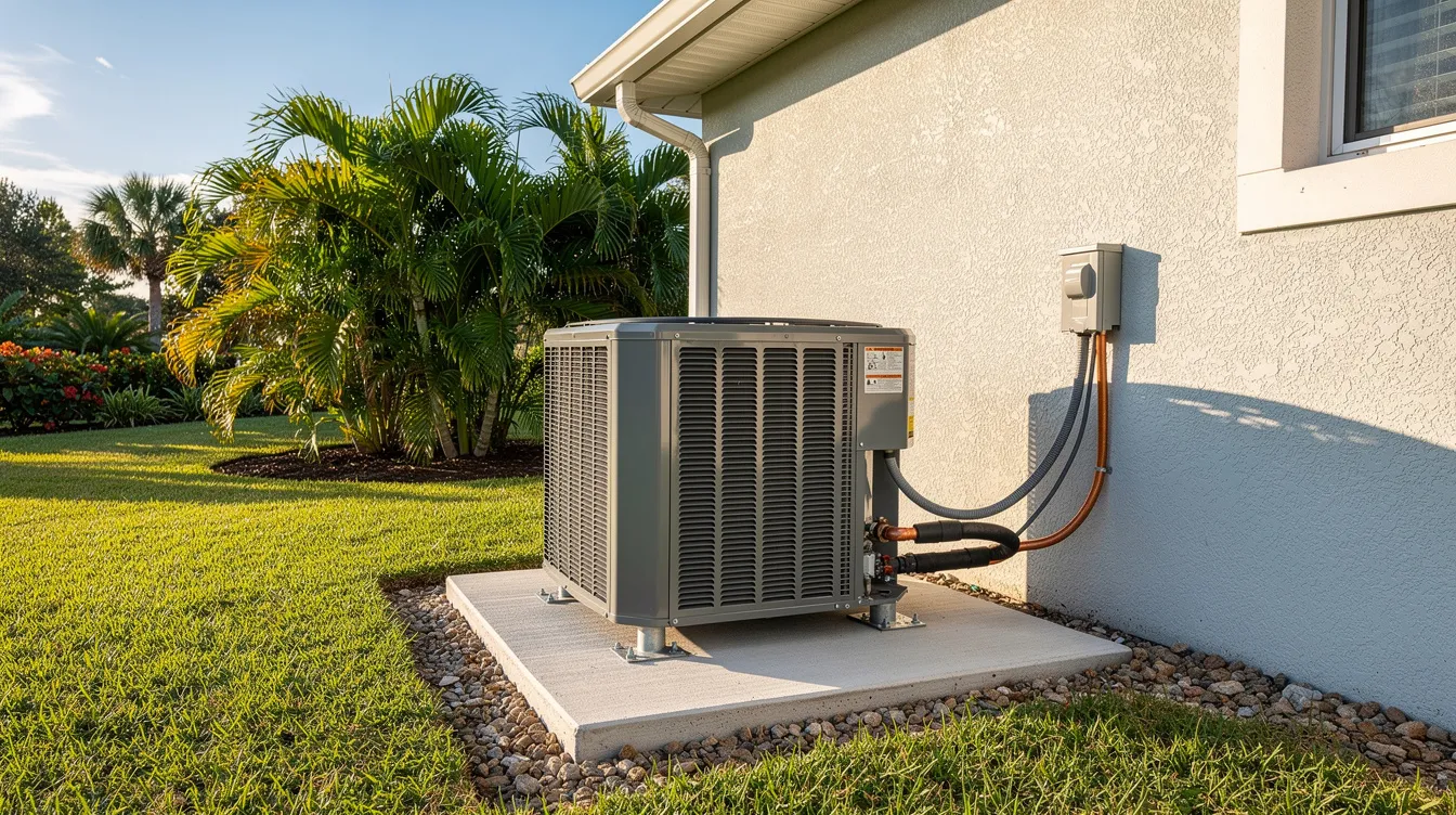 A modern outdoor air conditioning unit is installed on a sturdy concrete hurricane pad next to a Florida home, surrounded by lush palm trees. This central air conditioning system is designed for energy efficiency, providing effective cooling power while enhancing the home's comfort.