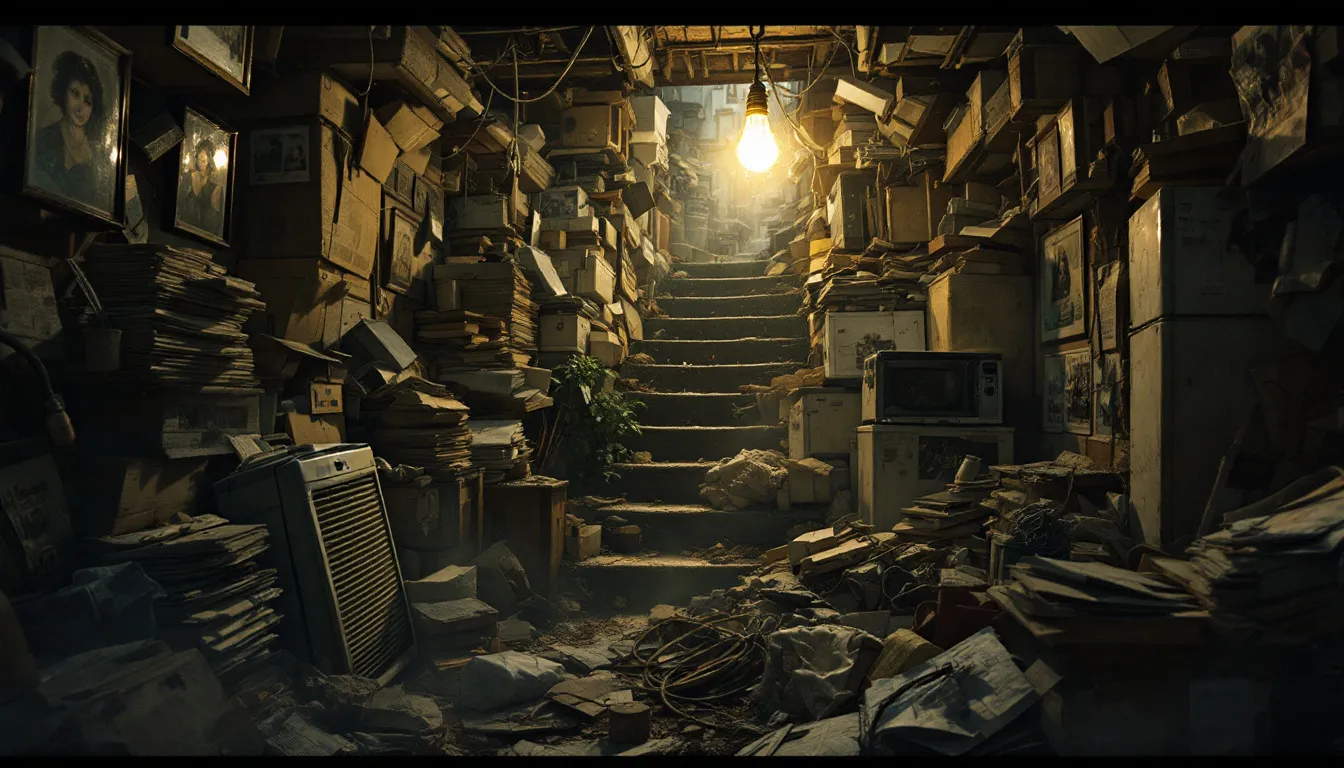 A cluttered room filled with hoarded items, showcasing the health risks associated with cleaning a hoarder's house.