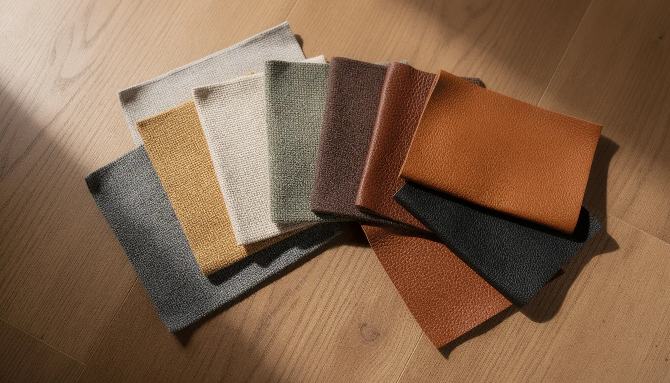 De beste keuze voor jouw werkplek: Vitra bureaustoel Op een houten oppervlak zijn verschillende stofstalen en lederen monsters in diverse kleuren gerangschikt, wat een prachtig design en hoogwaardige materialen toont die gebruikt kunnen worden voor bureaustoelen van Vitra. Deze kleuren bieden een dynamische zitervaring en passen bij verschillende behoeften in een werkplek.