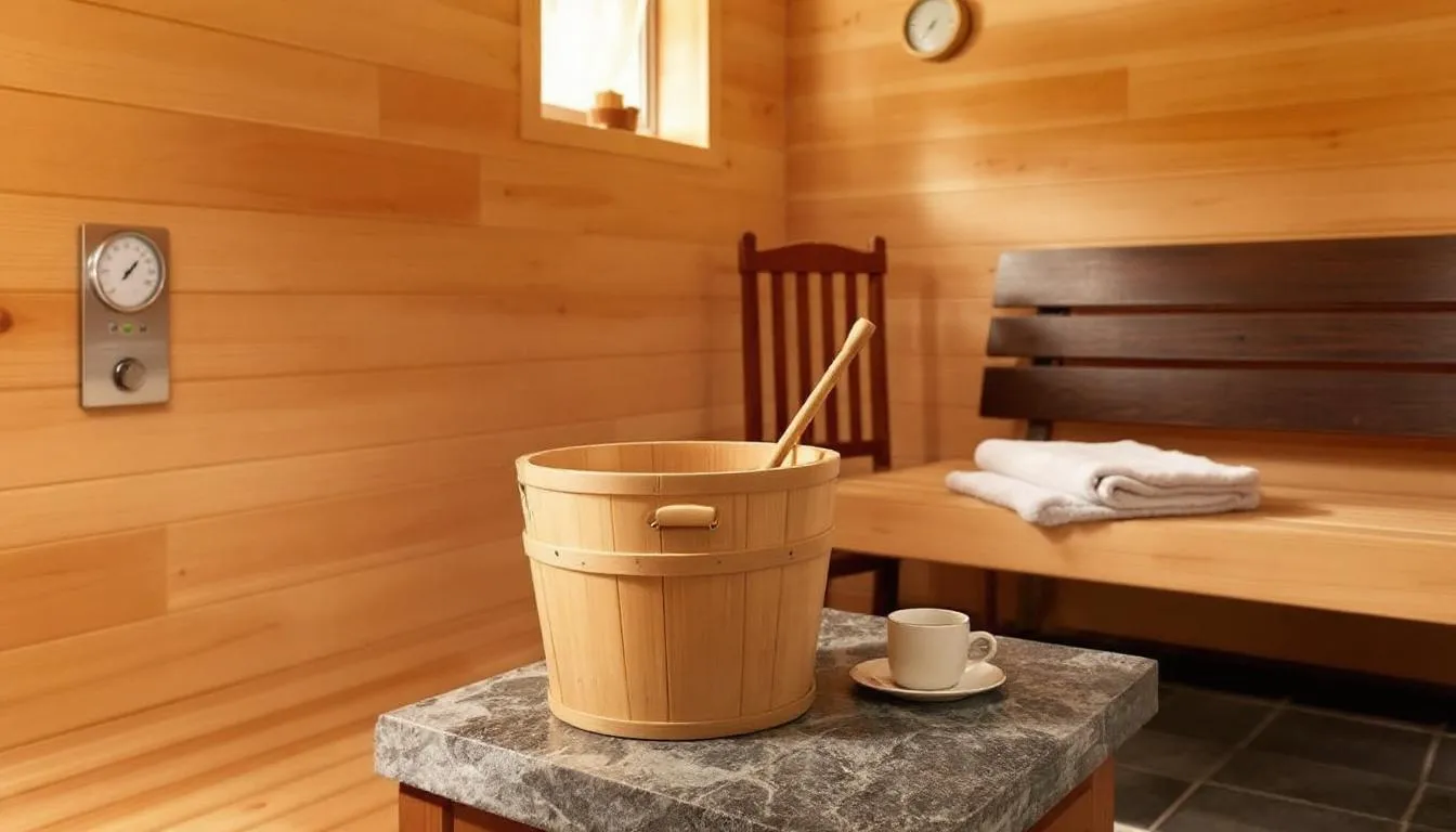 The image showcases essential accessories for a pleasant sauna experience, including breathable clothing like cotton towels and sauna hats, as well as flip flops for hygiene in shared spaces. These items help maintain comfort during sauna sessions while promoting heat dissipation and allowing the body to sweat freely.