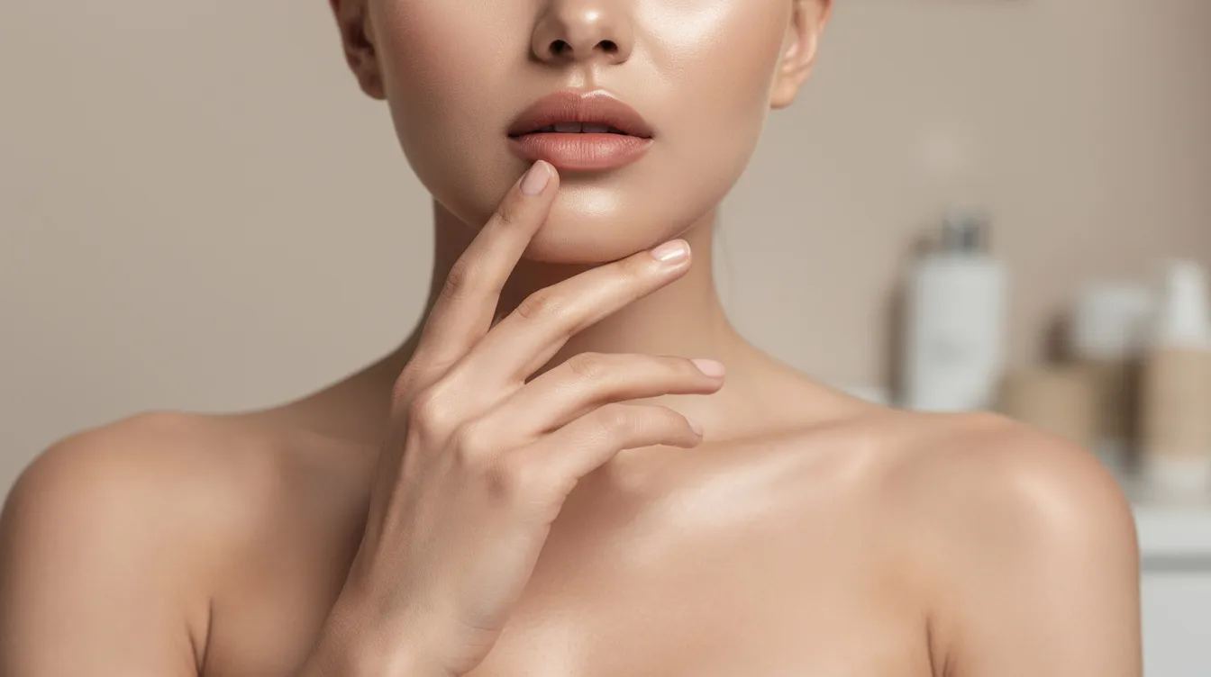 A person's hand gently caresses their smooth jawline and chin in a softly lit medspa environment, suggesting a focus on non-invasive fat reduction techniques. The serene setting highlights the pursuit of body sculpting and skin tightening without the need for surgical procedures.