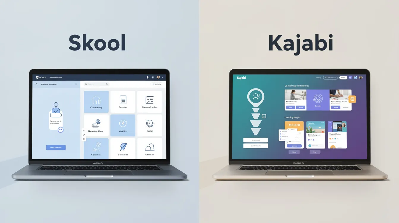 The image illustrates the comparison between Skool and Kajabi, two platforms for creating and selling online courses. It highlights key features such as community engagement, course creation tools, and marketing automation, helping users decide which is the best online course platform for their needs.