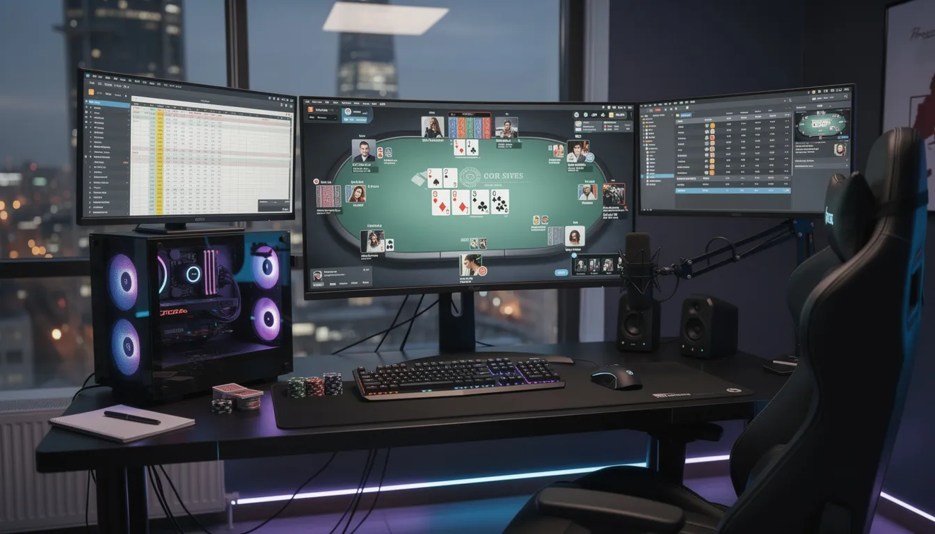The image depicts a professional poker setup featuring high-end computer hardware and multiple displays, designed for advanced players. It showcases poker tools such as poker software and equity calculators, enabling players to analyze hand histories and make informed decisions in various game types like pot limit Omaha and Texas Hold'em.