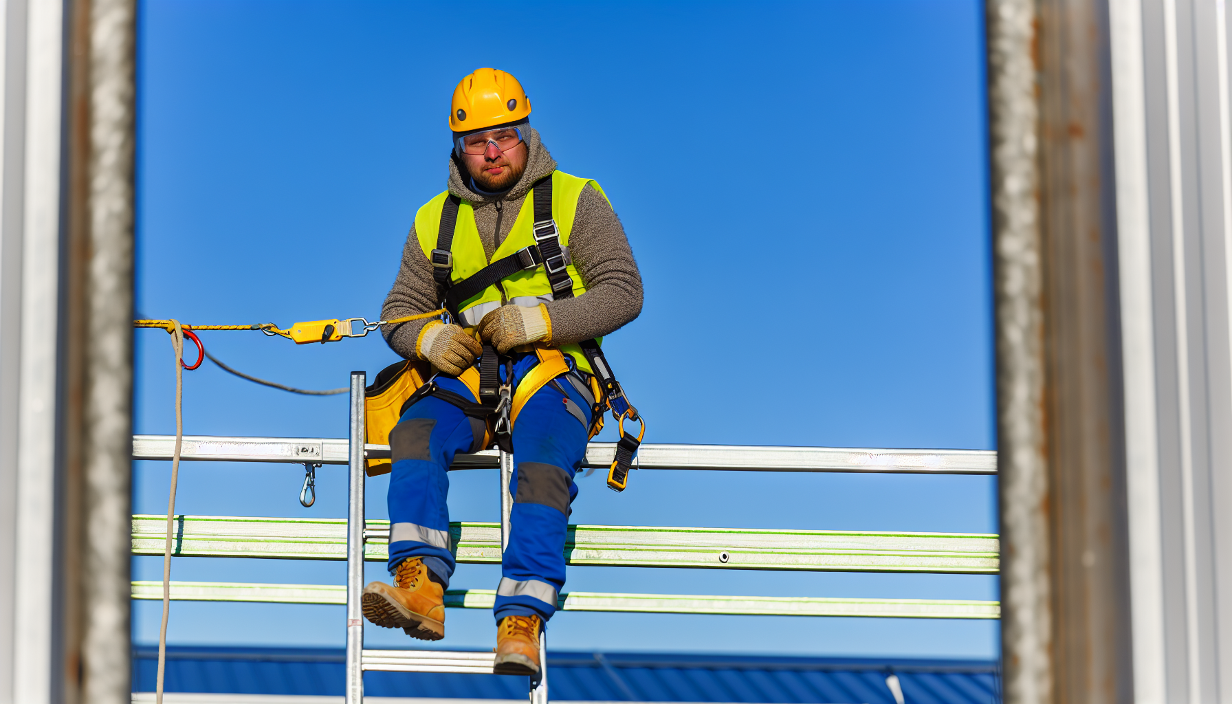 Worker using fall protection on a ladder