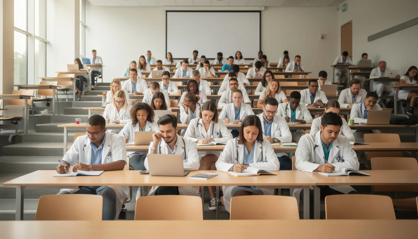 Des jeunes étudiants en médecine, vêtus de blouses blanches, assistent à un cours dans un amphithéâtre moderne, symbolisant l'enseignement supérieur en médecine en Roumanie. L'image met en avant l'engagement des futurs médecins dans leur formation, un élément clé des études médicales et de la santé.