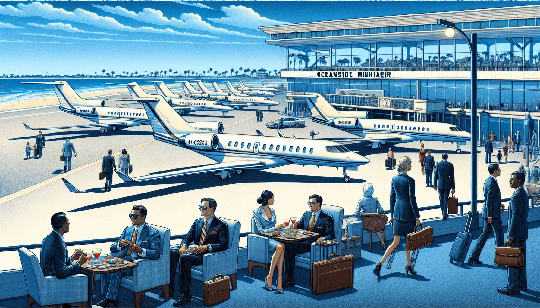 Illustration of Oceanside Municipal Airport with private jets on the runway