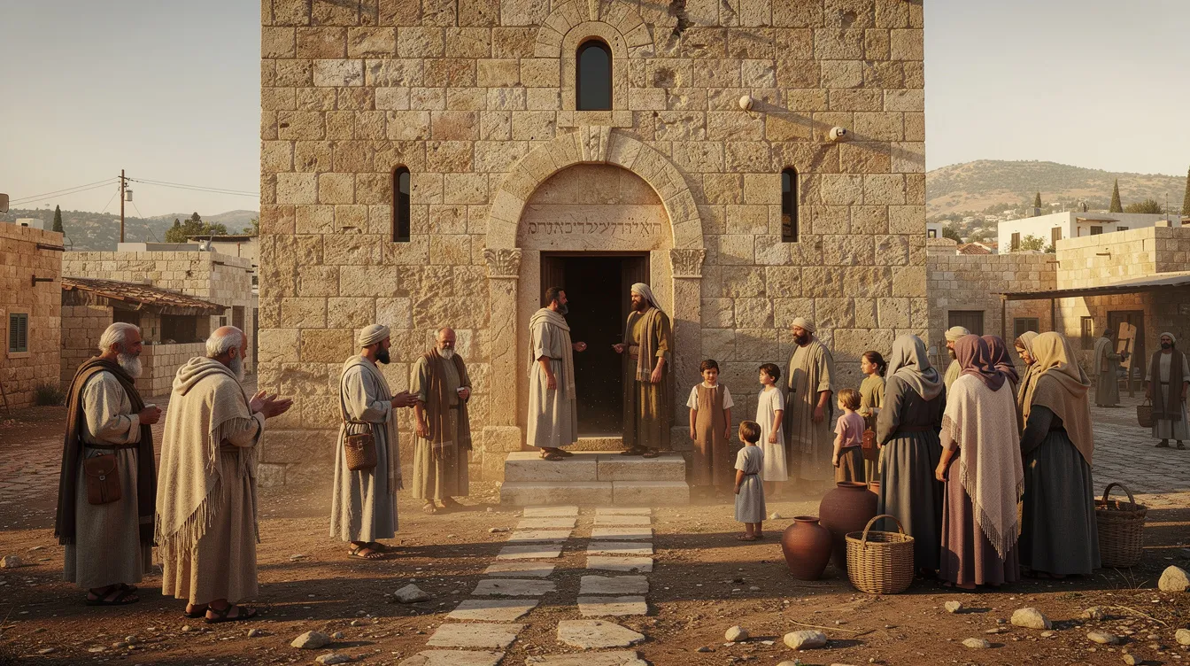 The image depicts an ancient stone synagogue entrance in a first-century Jewish town, with a group of people, including many tax collectors and fellow Jews, gathered outside, reflecting the societal dynamics of Jesus' day under Roman occupation. This scene evokes a sense of community and the complexities of faith, as people seek God's mercy amidst the challenges of tax collection and societal judgment.