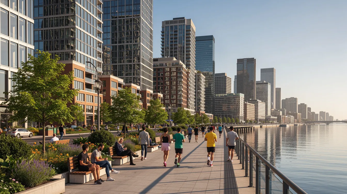 The image depicts a vibrant waterfront promenade in Toronto, where people stroll alongside modern buildings and lush greenery, with views of Lake Ontario. This lively scene highlights the community atmosphere of the bayside development, featuring amenities and access to nearby attractions like Sugar Beach and Aitken Place Park.
