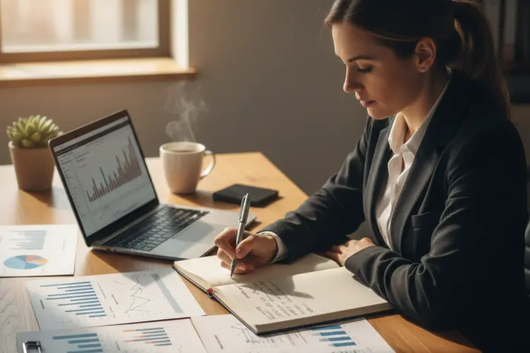 A business valuer at a desk reviewing financial charts alongside handwritten notes and qualitative risk adjustments.