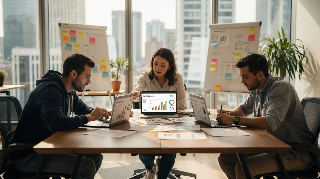 The image depicts startup founders collaborating in a modern office, intently reviewing documents and analyzing data displayed on their laptop screens. This scene emphasizes the importance of data security and privacy compliance as they discuss strategies to manage risks associated with data protection and potential data breaches.