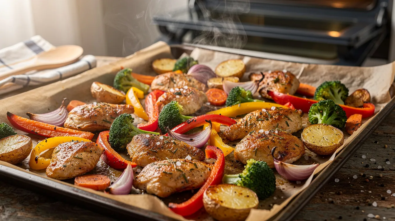 The image shows a sheet pan filled with a colorful assortment of roasted vegetables alongside seasoned chicken pieces, all freshly cooked and golden brown. This delicious meal, perfect for air frying or roasting in the Nuwave Bravo air fryer, showcases vibrant colors and appealing textures that invite you to enjoy the results of a healthy, flavorful dinner.