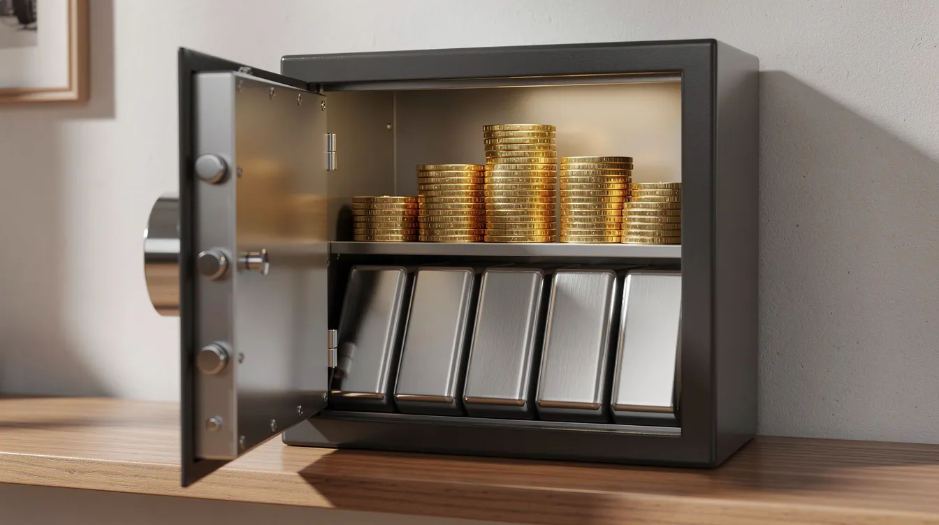 The image depicts a small home safe open, showcasing neatly organized gold coins and silver bars, highlighting the appeal of investing in precious metals. This arrangement emphasizes the value of physical ownership and the benefits of purchasing gold and silver as tangible assets for wealth diversification.