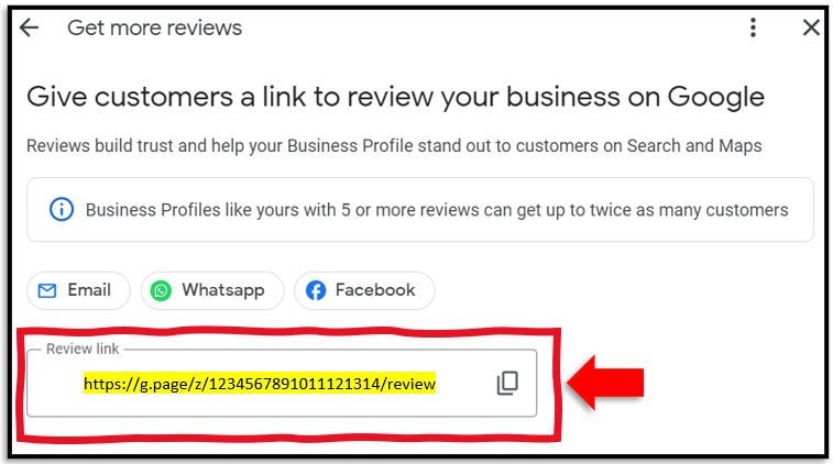 Image of the Google Business Profile management screen were customers can find and copy there review link to share with customers..
