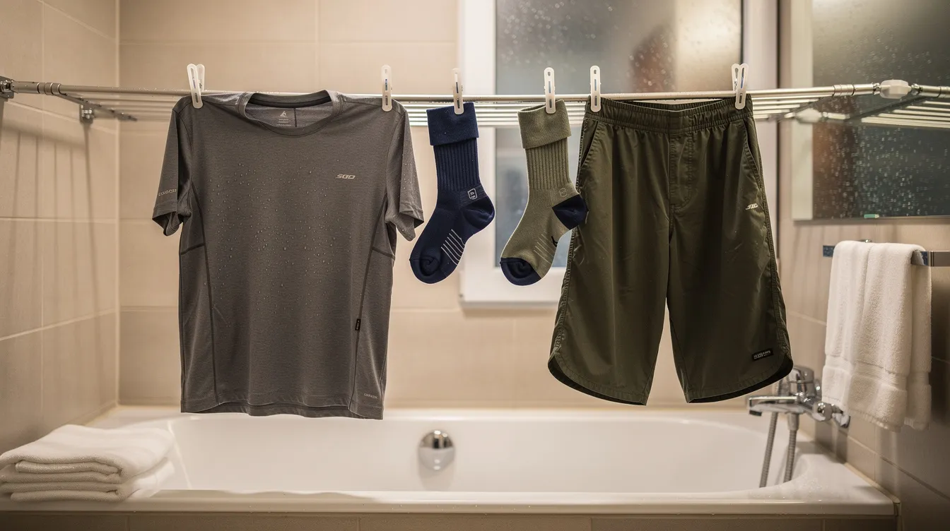 Lightweight travel clothing is hanging on a small clothesline in a hotel bathroom, drying after being washed. This convenient setup allows guests to handle their own laundry in the comfort of their room, making it a practical option for those looking to save time and money during their stay.