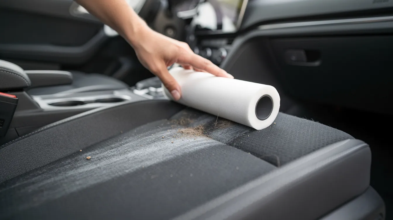 A person is using a lint roller to effectively remove stubborn pet hair