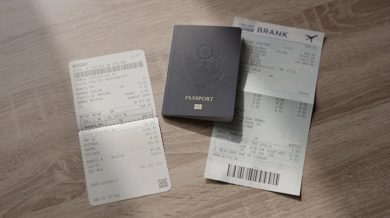 The image shows a valid passport, a boarding pass, and a bank statement neatly arranged on a wooden table, suggesting preparations for travel or a visa request to the United Kingdom or Ireland. These documents are essential for a traveller's journey and may include important details like travel dates and destinations.