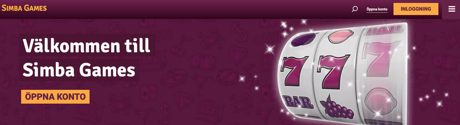 SimbaGames Casino välkomstsida med 777-spelautomat och knapp för att öppna konto