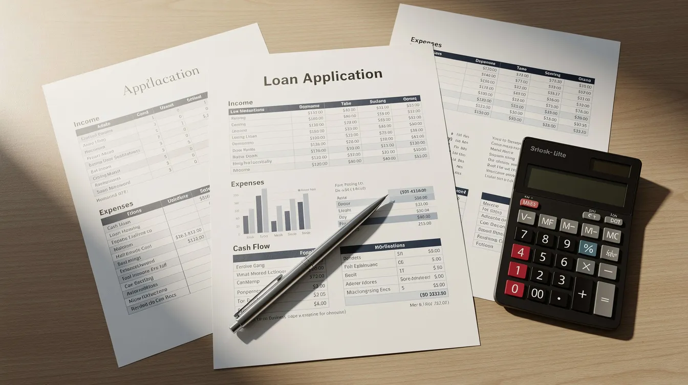 The image shows a desk cluttered with business financial documents, a calculator, and a pen, symbolizing the preparation for a loan application. This setup reflects the essential steps involved in securing 中小企業貸款 and navigating the loan application process.
