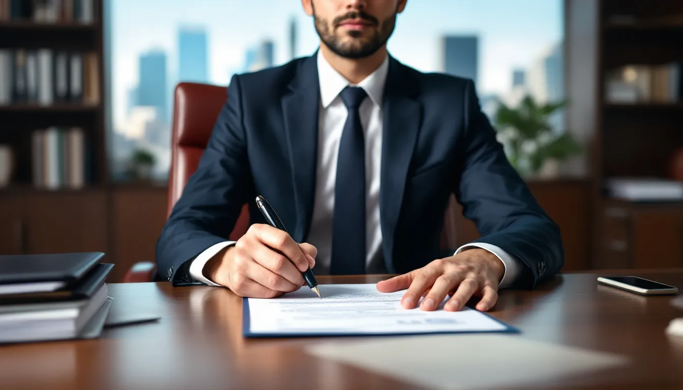 A person is seated at a desk, carefully signing important legal documents with a pen, likely related to their life insurance policy or a viatical settlement contract. The documents may include details about life insurance benefits and the implications of selling their policy.