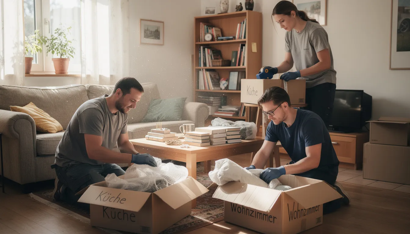 Ein Arbeiter sortiert und verpackt verschiedene Gegenstände in einem Wohnraum, während er sich um die Entrümpelung kümmert. Diese Tätigkeit ist Teil der Dienstleistungen einer Entrümpelungsfirma in Bremen, die sich auf Haushaltsauflösungen und die Räumung von Messie-Wohnungen spezialisiert hat.