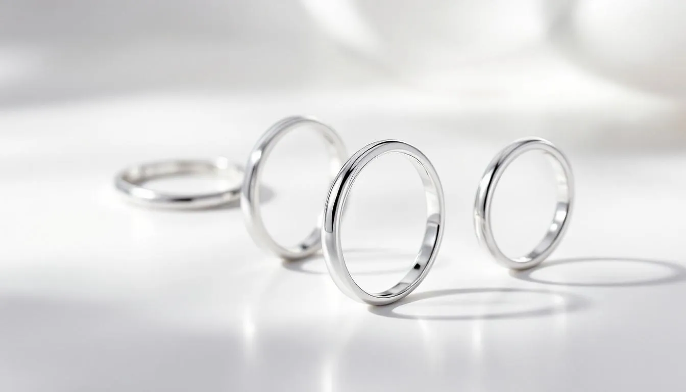 The image showcases a collection of polished sterling silver rings featuring a sleek silhouette, each designed to enhance your overall look with their unique structure. These rings, available in various styles, are perfect for adding a touch of elegance to any casual outfit or dress.