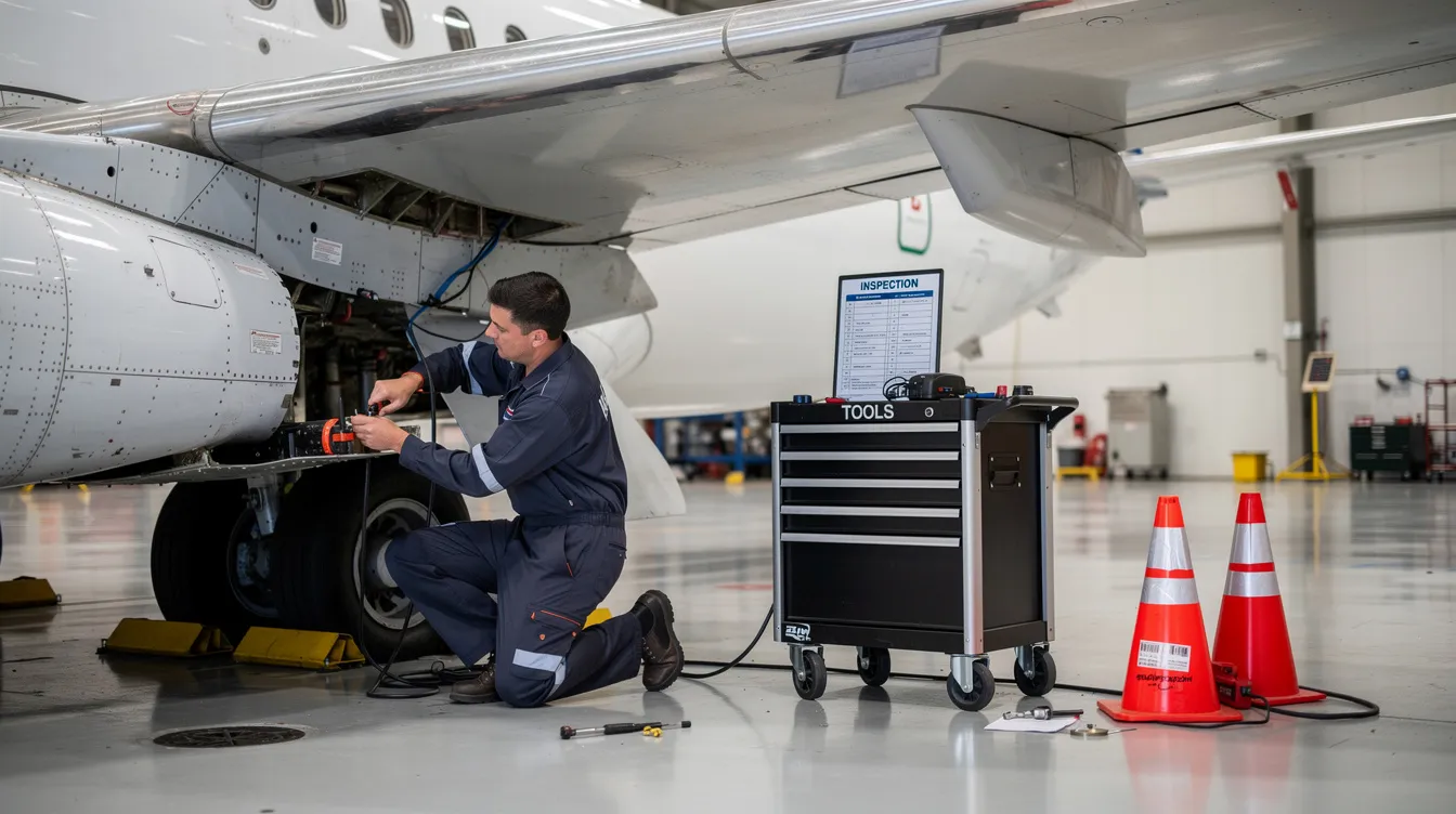 A student is using various aircraft maintenance tools while working near a wing section, demonstrating hands-on skills essential for their aviation maintenance technician training. This practical experience is crucial for developing knowledge in aircraft repair and maintenance systems.