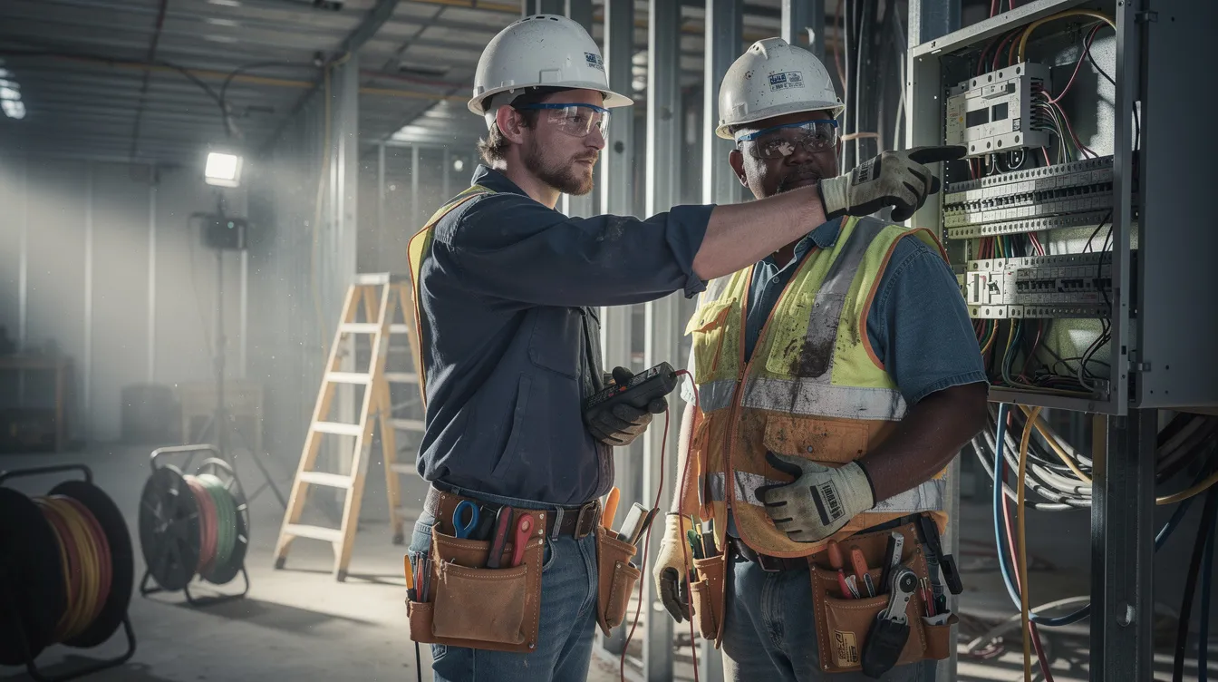An apprentice electrician is seen learning alongside a journeyman on a construction site, where they are engaged in practical training related to public works projects. This setting highlights the importance of compliance with prevailing wage laws and apprenticeship requirements for workers employed in the construction industry.