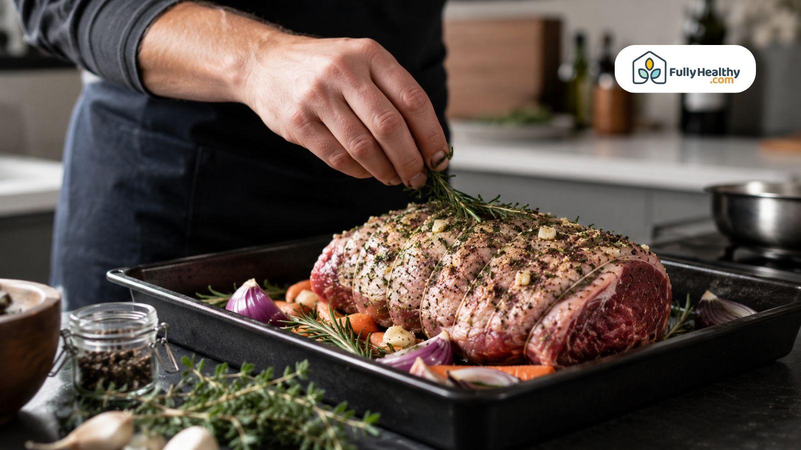 Hand seasoning a raw lamb roast with fresh rosemary and herbs in a modern kitchen.