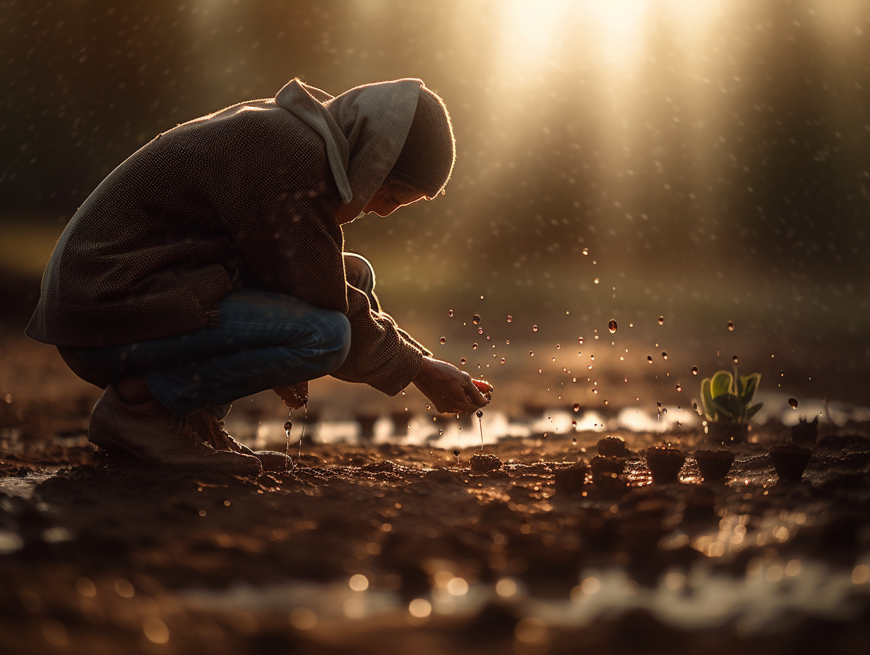 A man planting a seed on a rainy day.