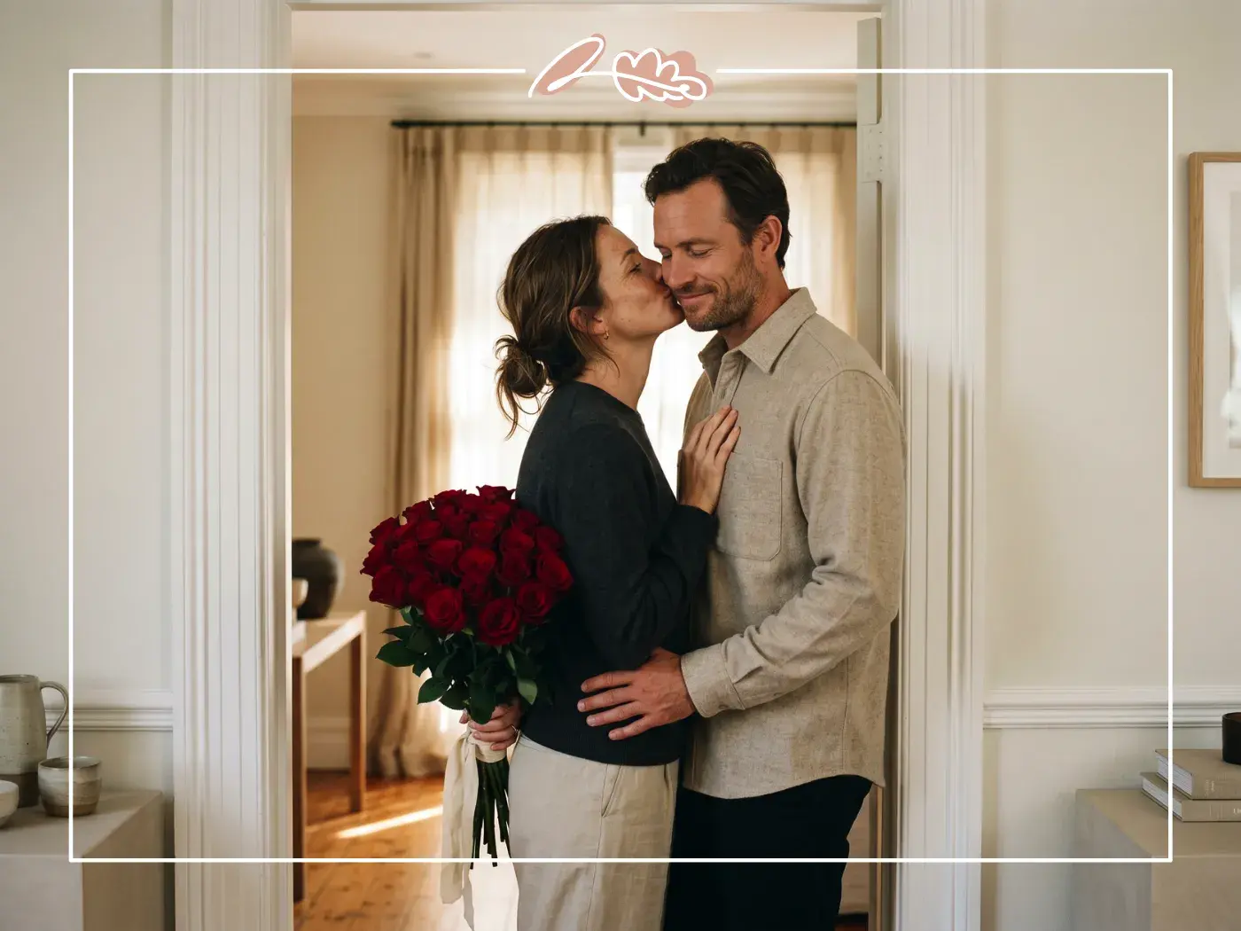 Romantic birthday moment with wife kissing husband holding fifty red roses bouquet behind her back from Fabulous Flowers since 1999