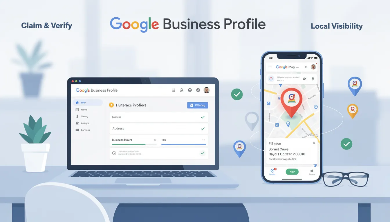 An image depicting the process of claiming and verifying a Google Maps business listing, showcasing a computer screen with the Google Business Profile interface, including fields for business name, address, phone number, and services offered. This visual emphasizes the importance of optimizing local search presence for potential customers by providing accurate business information and enhancing visibility on the Google Maps platform.