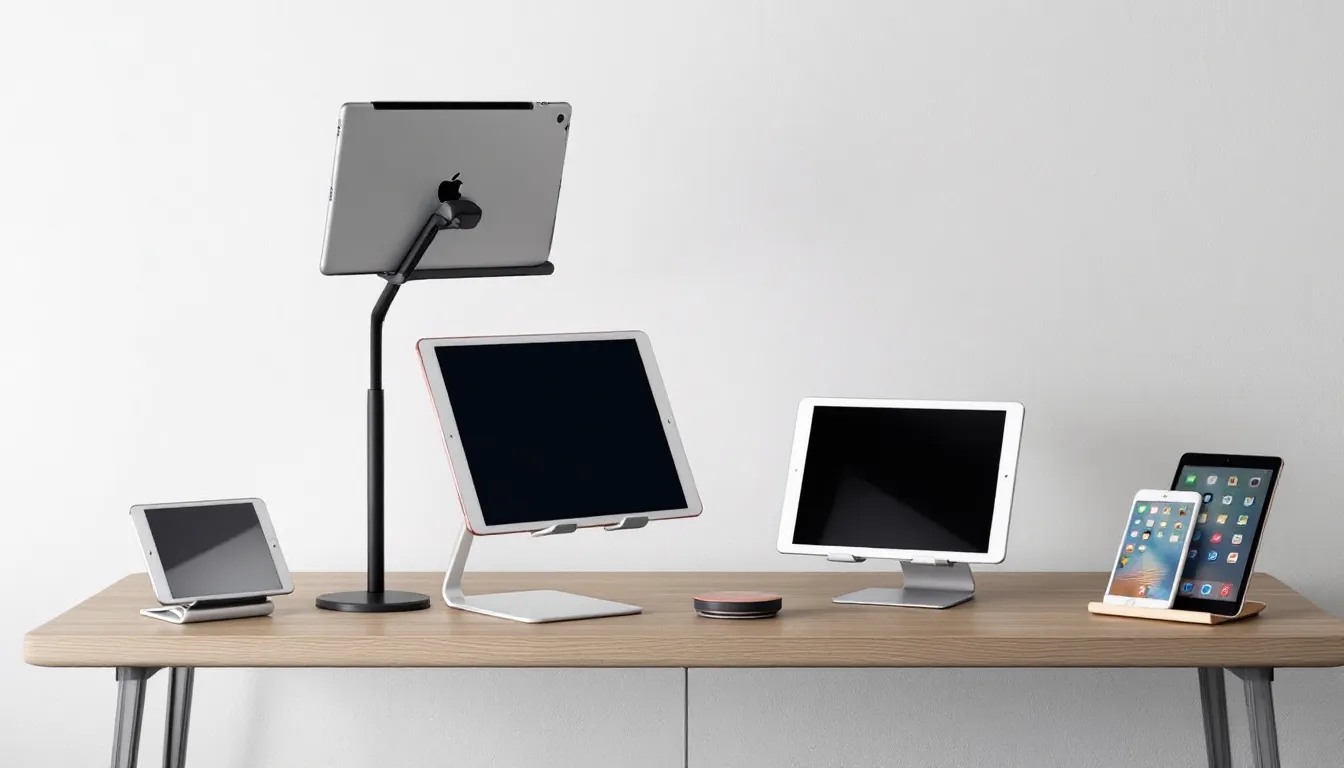 Different compatible iPad models displayed with stands.