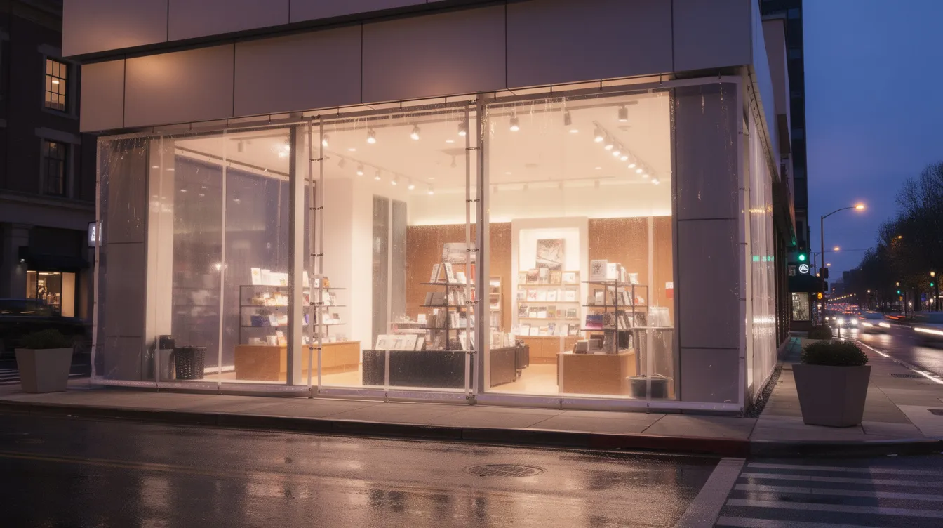 An exterior storefront with protective clear panels installed over the windows, providing mob attack window protection.