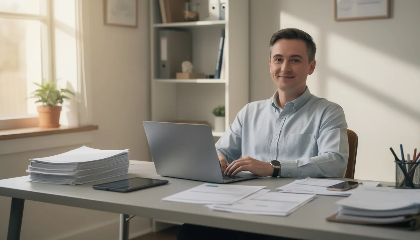A small business owner sits confidently at a modern desk in a modest office, with a laptop open and neatly arranged paperwork, symbolizing successful small business funding. The warm natural light streaming through the window enhances balance of the professional yet approachable atmosphere, putting the idea of the owner's relief and forward momentum after securing investment to extend projects.
