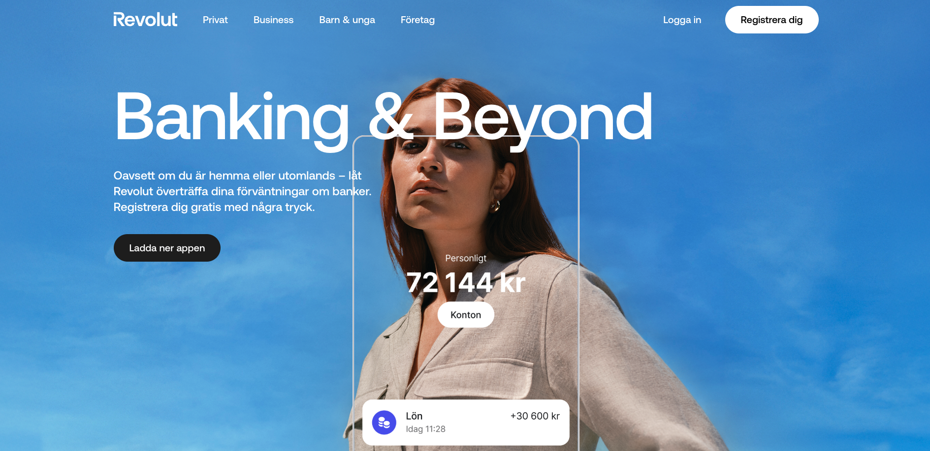 Revoluts svenska webbplats med information om digitala banktjänster och möjligheten att skapa konto för att använda Revolut vid betalningar.