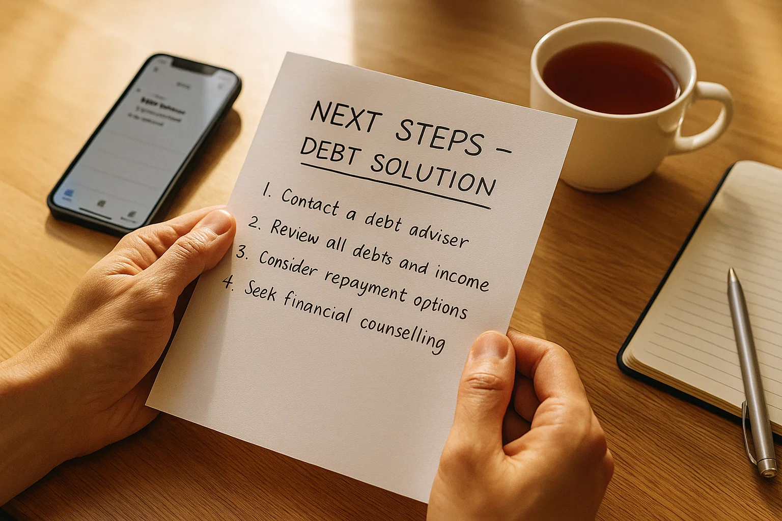 Hands placing a debt solution action plan on a desk with a phone reminder for a debt adviser appointment.