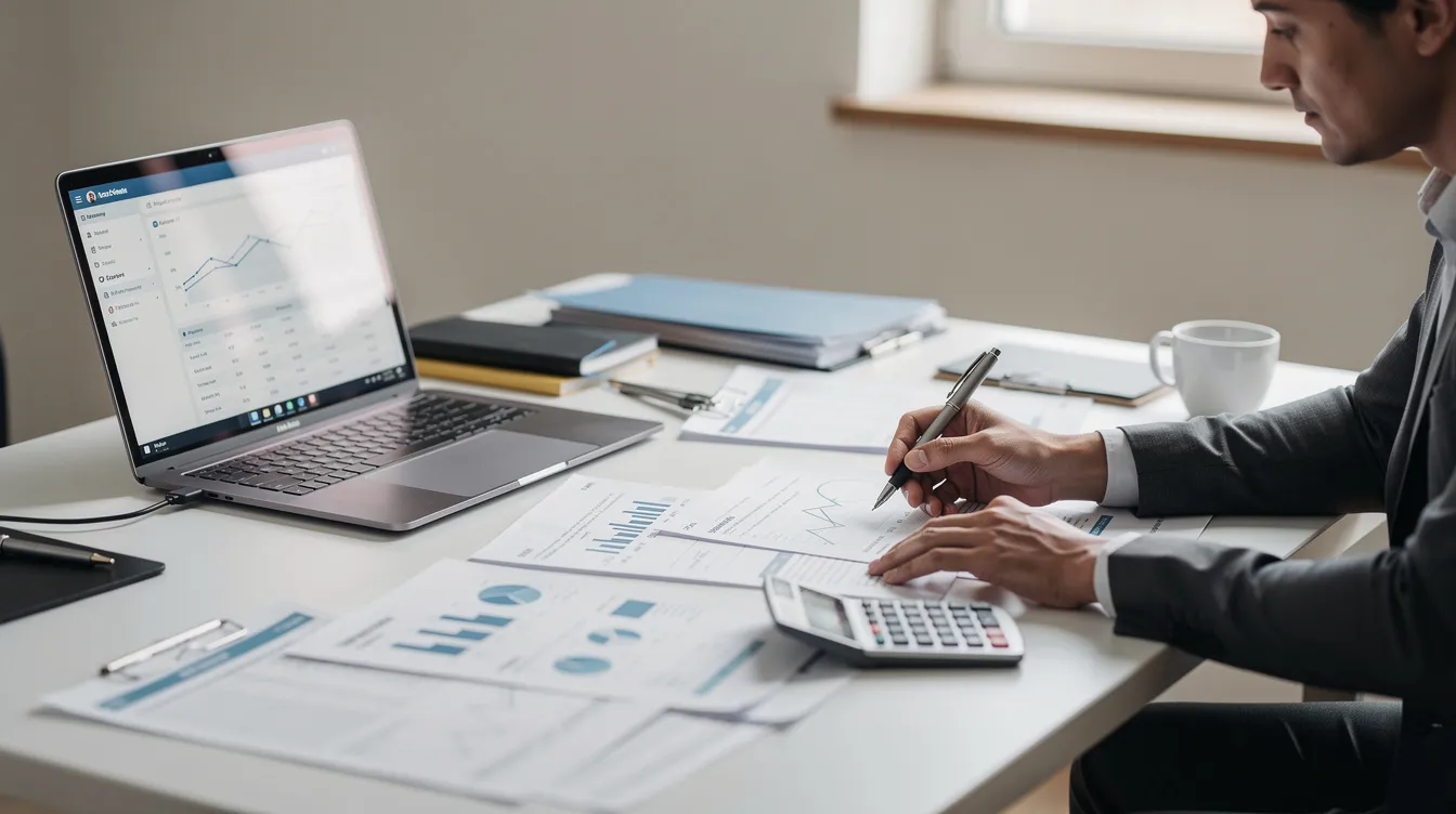 A professional sits at a desk, meticulously reviewing financial documents with a calculator and laptop, focusing on tax preparation and employer costs such as payroll taxes and health insurance. The scene conveys the importance of understanding the total cost of employment and the various hidden costs associated with hiring employees.