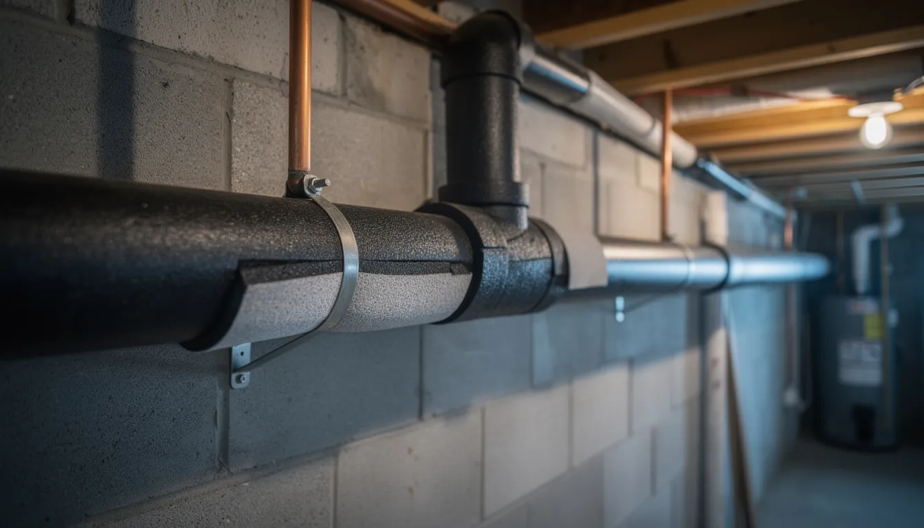 The image shows a close-up of foam-insulated water pipes in a residential basement utility area, highlighting the importance of protecting plumbing systems during Maine winters to prevent freezing and costly damage. This insulation is part of the winterization process that homeowners should consider to ensure their water systems operate effectively throughout the season.