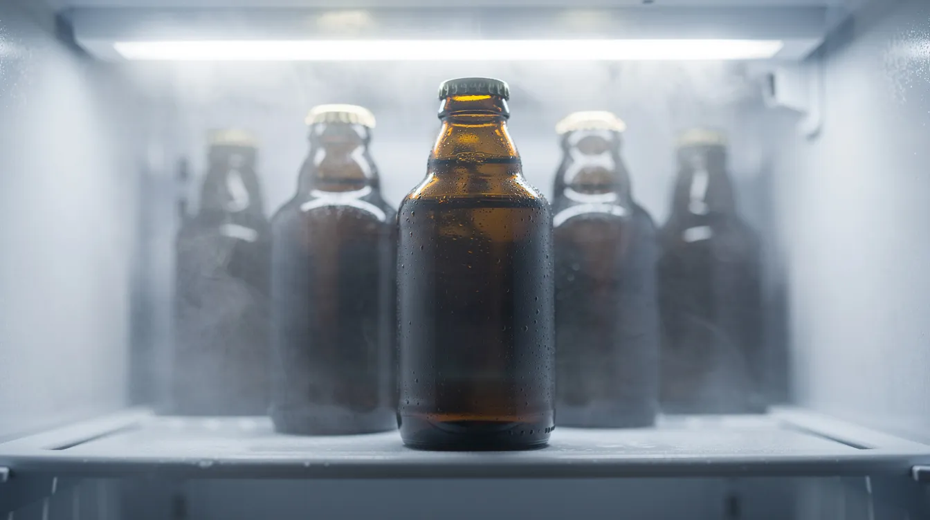 Dunkelbernsteinfarbene Glasflaschen mit Cannabisöl stehen ordentlich auf einem kühlen Kühlschrankregal. Diese Flaschen könnten CBD-Öl enthalten, das für seine potenziellen gesundheitlichen Vorteile und Wirkungen bekannt ist.